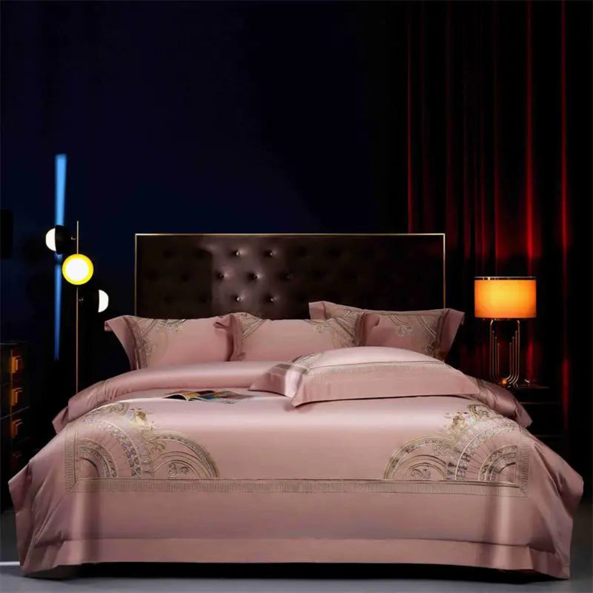 Luxury rose gold geometric pattern duvet cover featuring detailed embroidery on soft premium cotton bedding