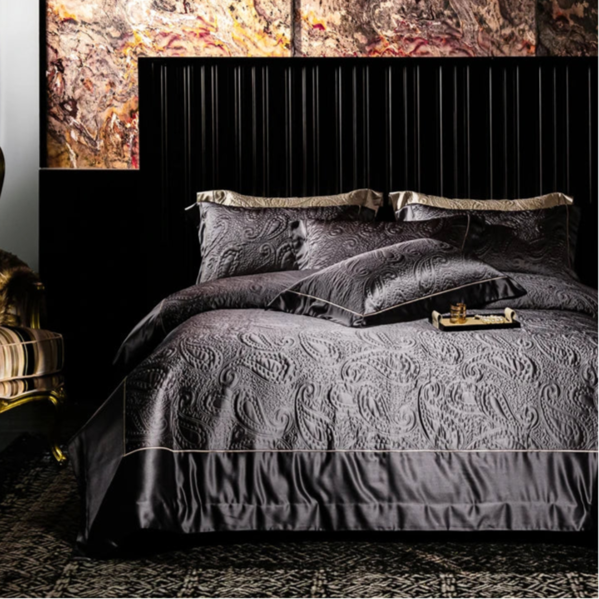 Luxury deep grey bedding with embossed paisley jacquard duvet cover and pillow shams in satin and Egyptian cotton