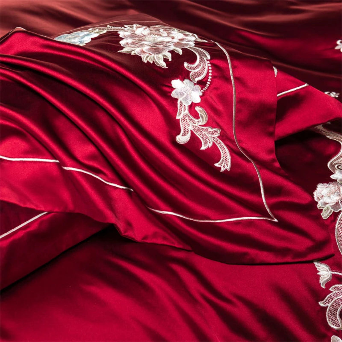 Designer red satin cotton bedding - luxury embroidered botanical duvet set 4/8 piece collection