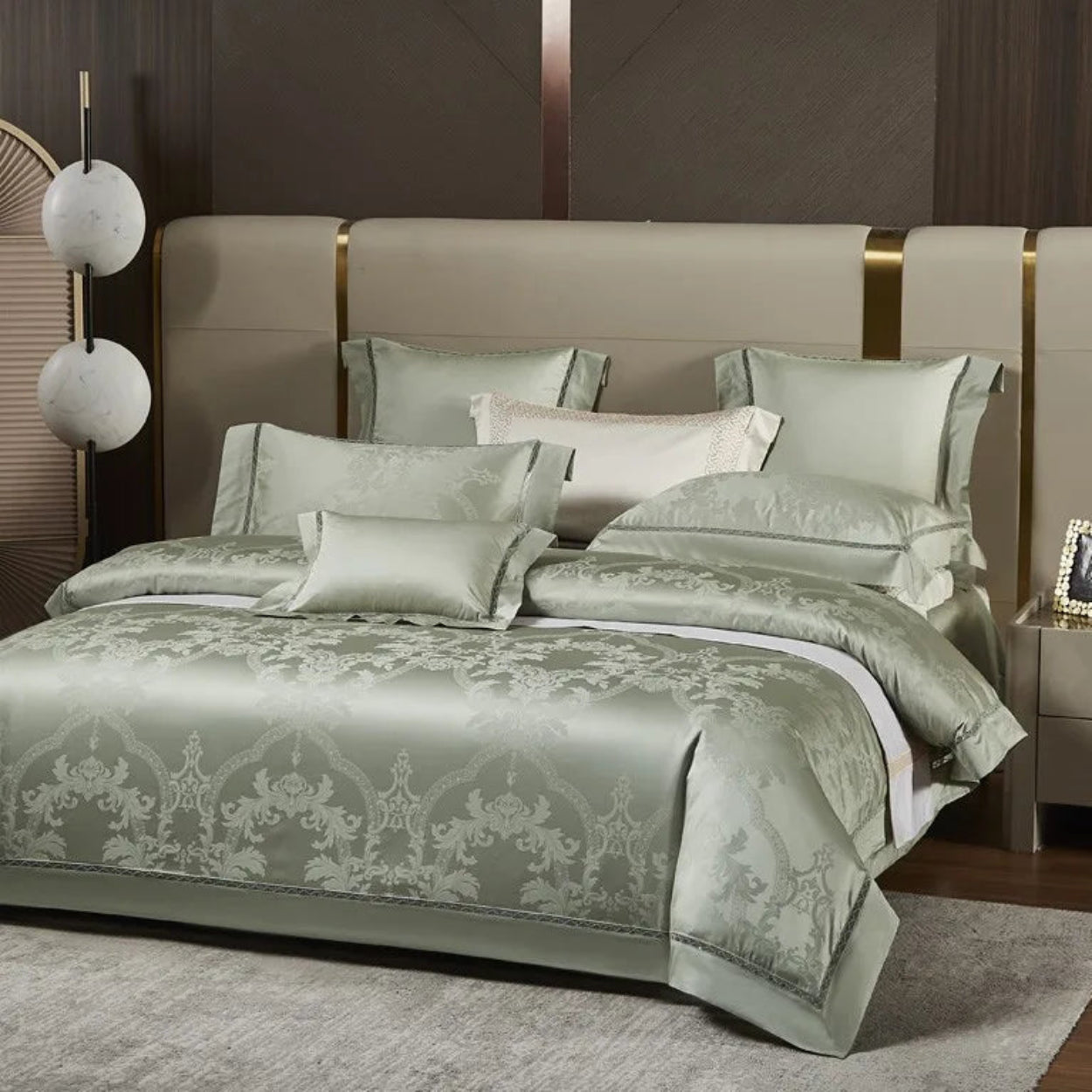 Premium 1200 thread count cotton satin duvet cover in sage green for contemporary bedroom and luxury hotel style