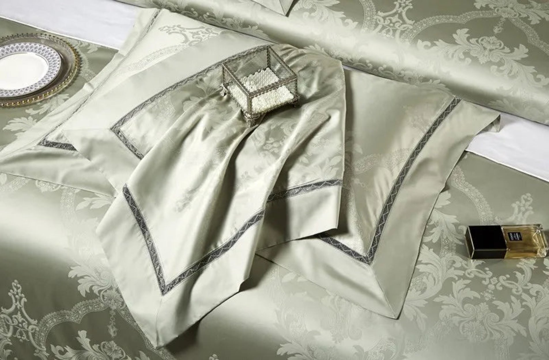 High-quality 1200TC cotton satin bedding with sage green damask patterns for transitional bedroom and spa-inspired spaces