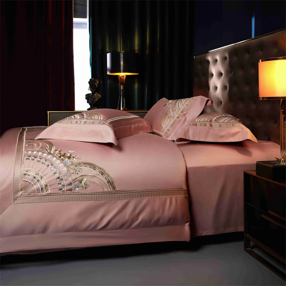 Designer pink embroidered duvet cover set with geometric motifs - high-quality cotton satin bedding