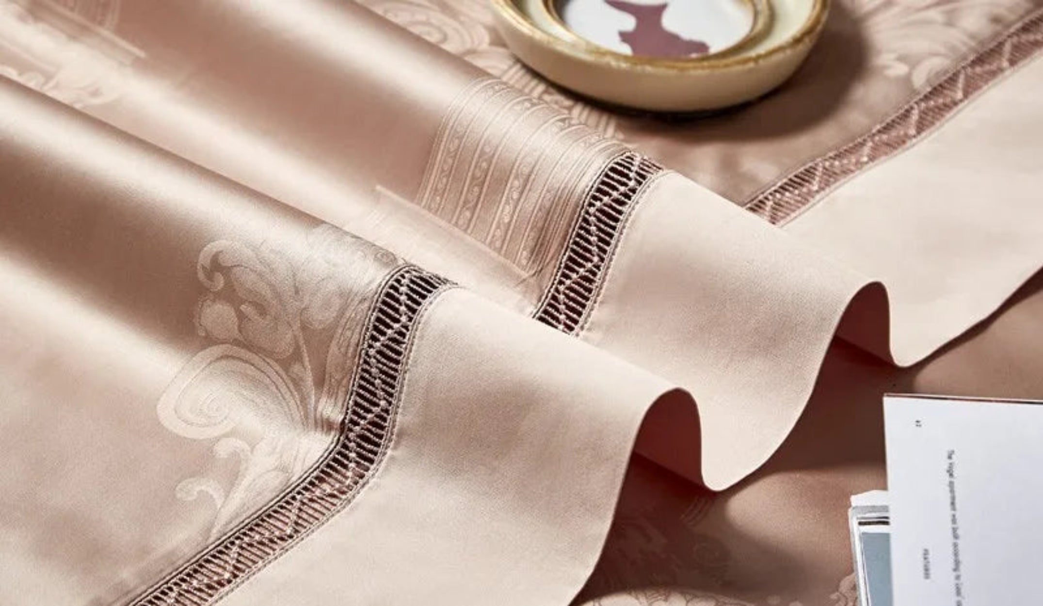 Sophisticated champagne beige damask duvet cover set featuring ultra-premium Egyptian cotton satin with baroque motifs