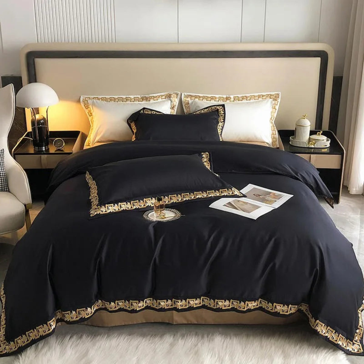 Luxury black & gold bedding with leaf embroidery, Egyptian cotton duvet cover set 4-piece for modern bedrooms – LINKORI Blacklabel
