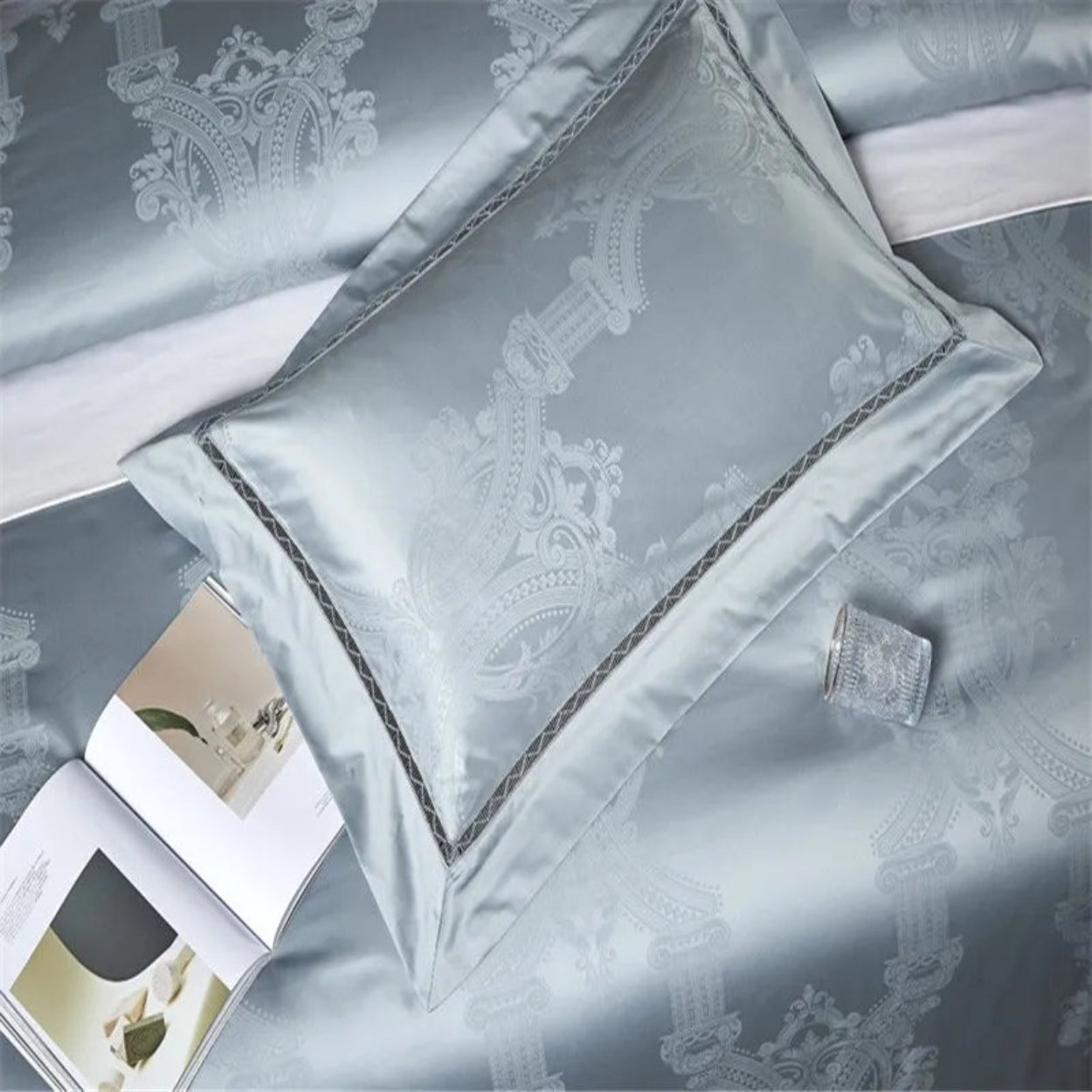Designer damask jacquard duvet cover in sky blue cotton satin with European luxury bedroom design