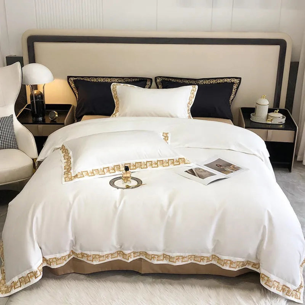 Luxury white & gold embroidered duvet cover set in Egyptian cotton – modern glam bedroom bedding by LINKORI Whitelavel