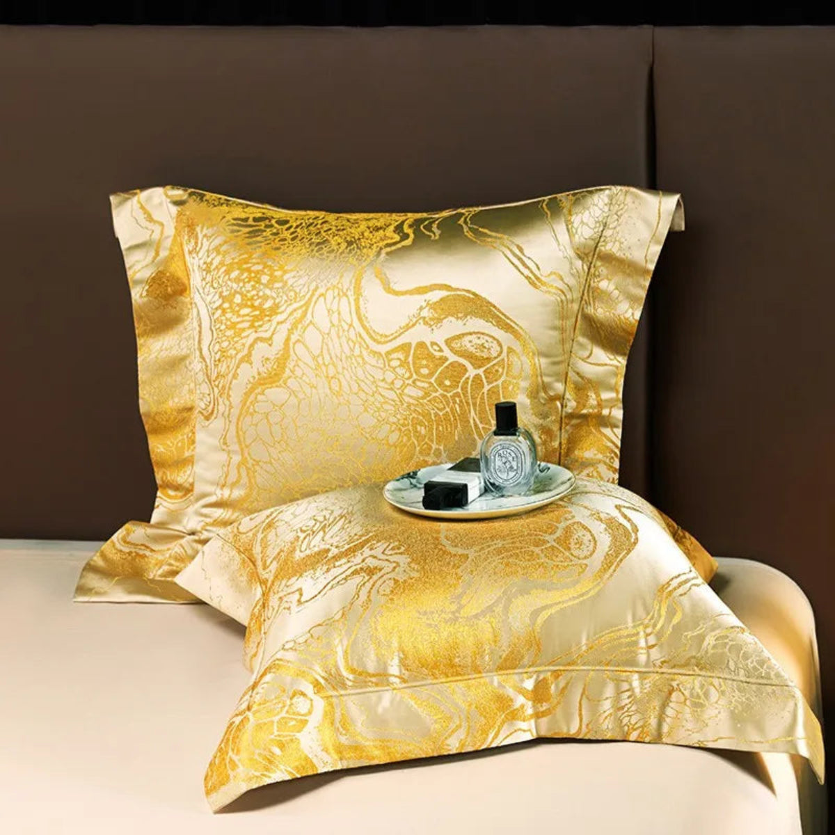 king size gold duvet cover set styled in modern glam master suite, full room shot, LINKORI