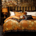 Opulent baroque medallion satin jacquard duvet covers burnt orange Egyptian cotton luxury 4-piece bedding set