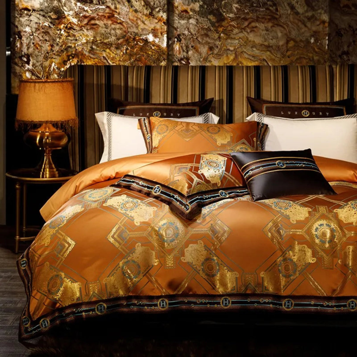 Opulent baroque medallion satin jacquard duvet covers burnt orange Egyptian cotton luxury 4-piece bedding set