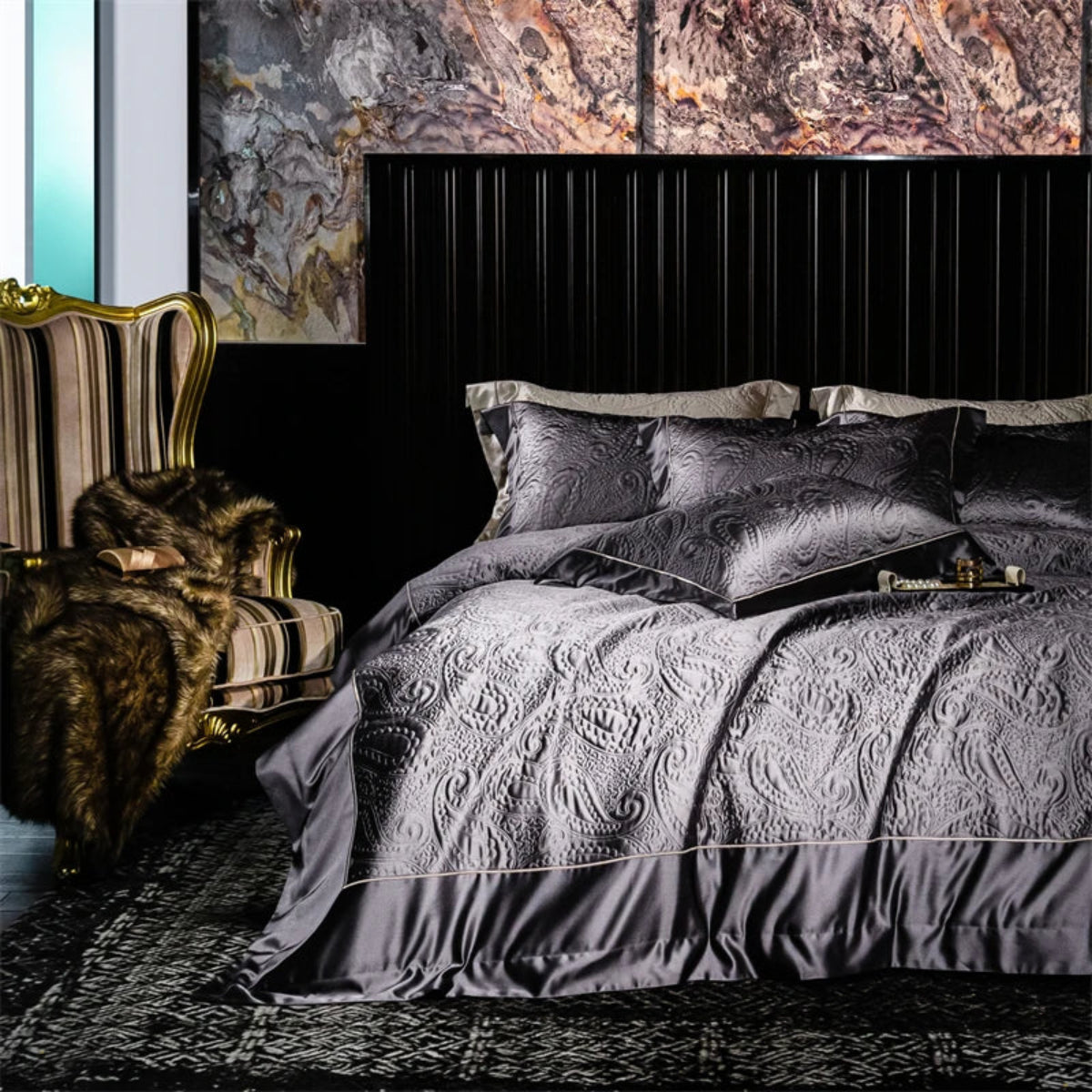 Premium Egyptian cotton bedding in deep grey satin with paisley embossed jacquard design for upscale bedroom décor