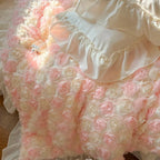 Cottagecore floral bedding - ivory velvet duvet cover -  with ruffled lace and 3D rose blossoms