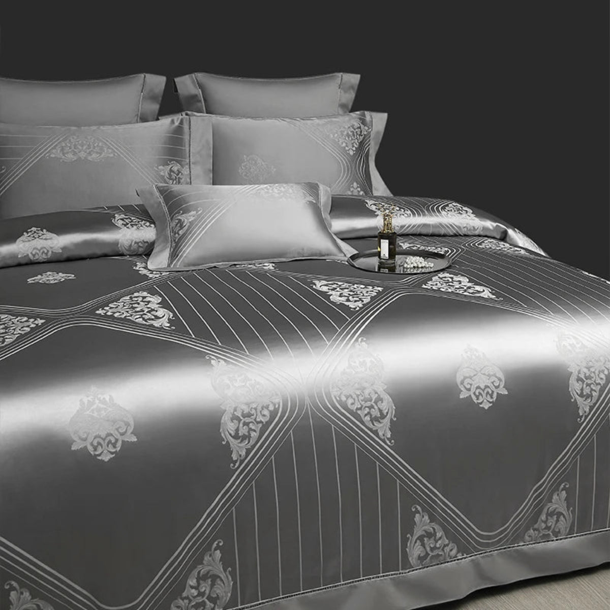 Luxury silver geometric bedding set showcasing Art Deco motifs in lustrous Egyptian cotton satin fabric