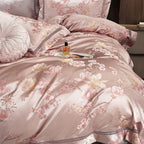 Designer blush pink Egyptian cotton satin bedding set delicate floral jacquard pattern