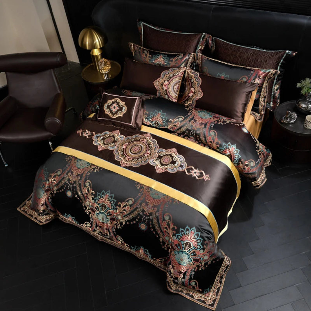Black paisley duvet cover with mandala-inspired medallion design, eclectic bedroom decor