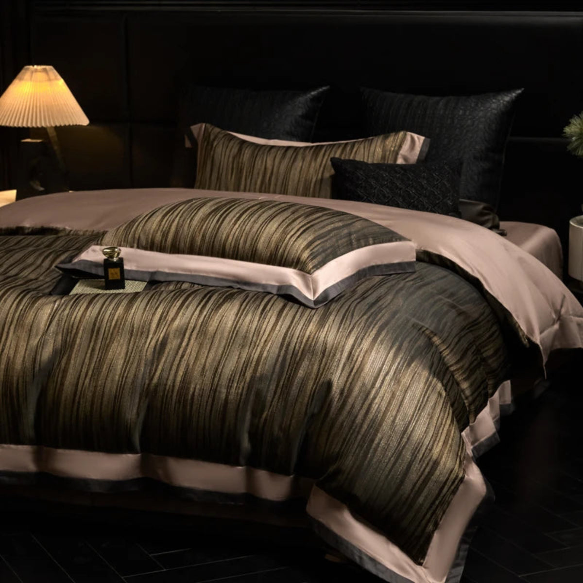 Glam bedroom style with shimmer brown and gold striped duvet cover 4-piece bedding set