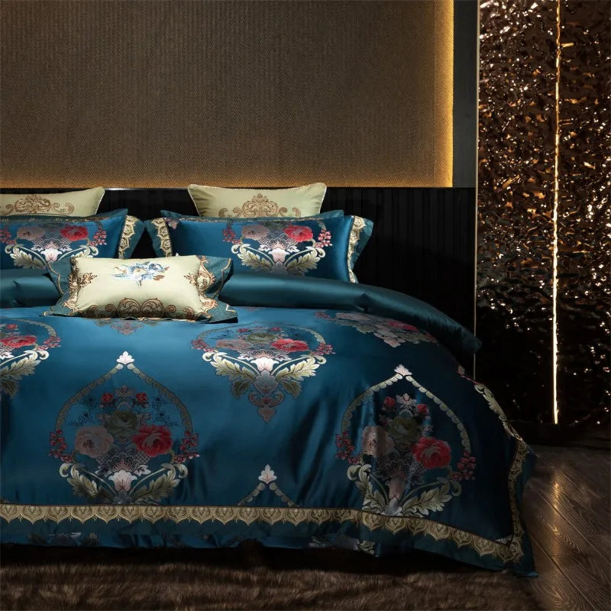 Teal Blue satin jacquard duvet with vivid floral medallions and antique-gold scrollwork