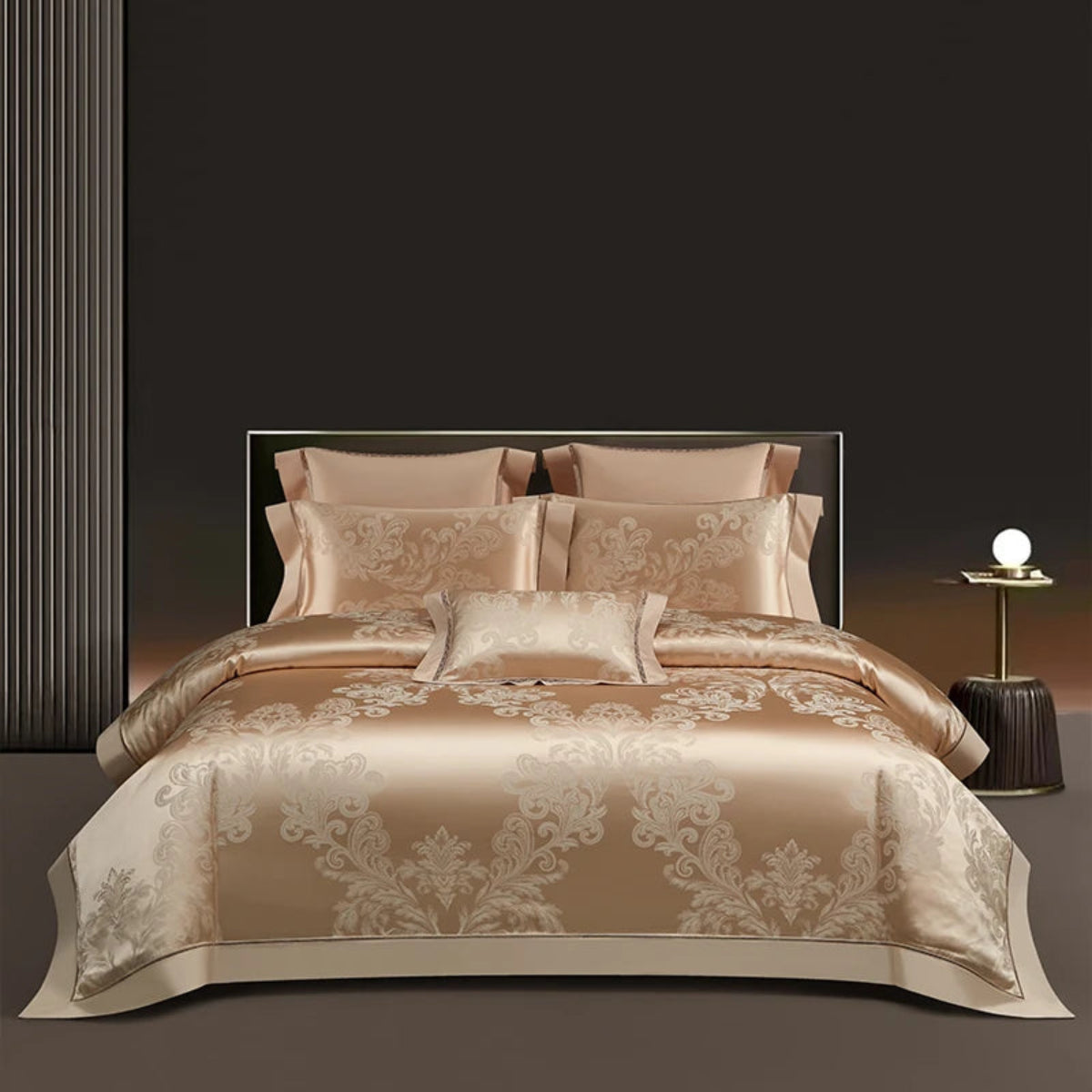Blush gold damask duvet cover set with 1000TC Egyptian cotton satin and baroque jacquard patterns