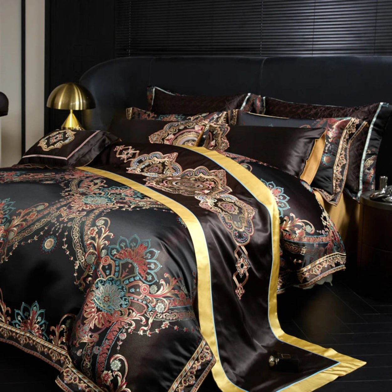 Black bohemian paisley duvet cover set with exotic medallion print for boho chic bedroom and eclectic home decor
