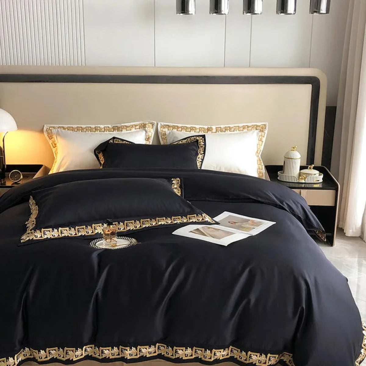 Luxury embroidered black duvet cover set with gold leaf trim, Egyptian cotton 4-piece set for statement bedrooms
