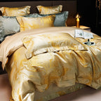 Gold satin jacquard duvet cover with marbled gold pattern and hotel-luxury styling, LINKORI The Royal Gold
