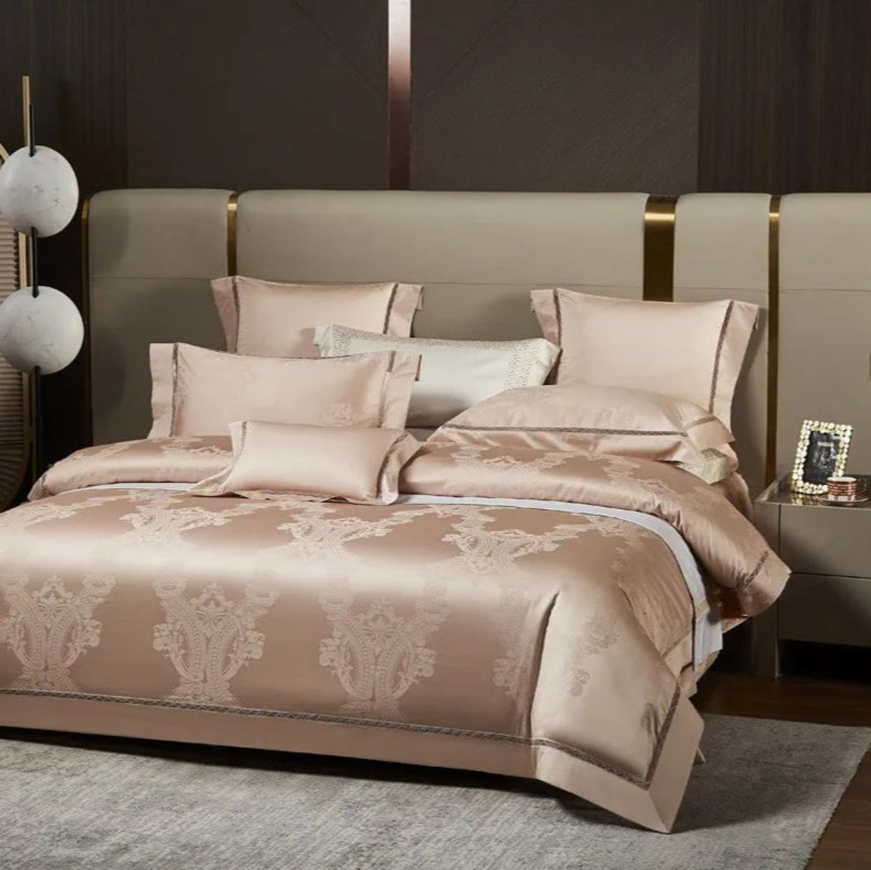Luxury champagne beige bedding set showcasing architectural damask motifs in lustrous Egyptian cotton satin fabric