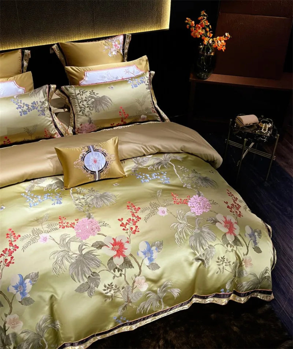 Painterly pink lavender aqua floral jacquard on gold satin, fabric texture close-up, LINKORI