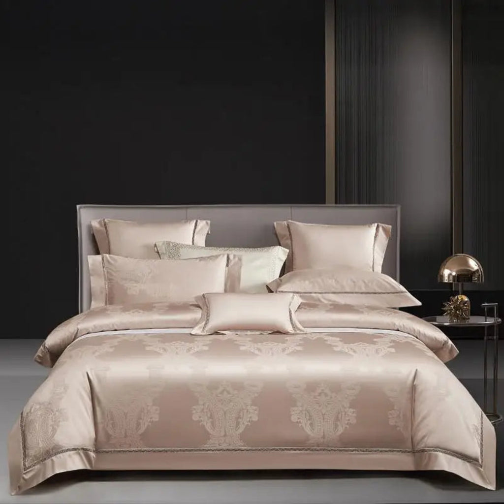 Champagne beige damask jacquard duvet cover set in modern luxury bedroom