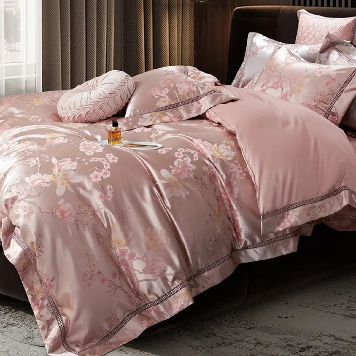 Premium blush pink floral satin bedding Egyptian cotton jacquard duvet cover set