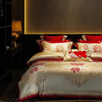 Elegant ivory red floral bedding set with European embroidered botanical print for feminine homes