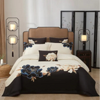 Luxury black & ivory Egyptian cotton bedding with blue & gold floral embroidery, 4-piece duvet cover set for modern elegant bedrooms – LINKORI Luxeflower