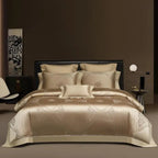 Champagne gold geometric duvet cover set in 1000TC Egyptian cotton satin with Art Deco jacquard patterns — bedroom