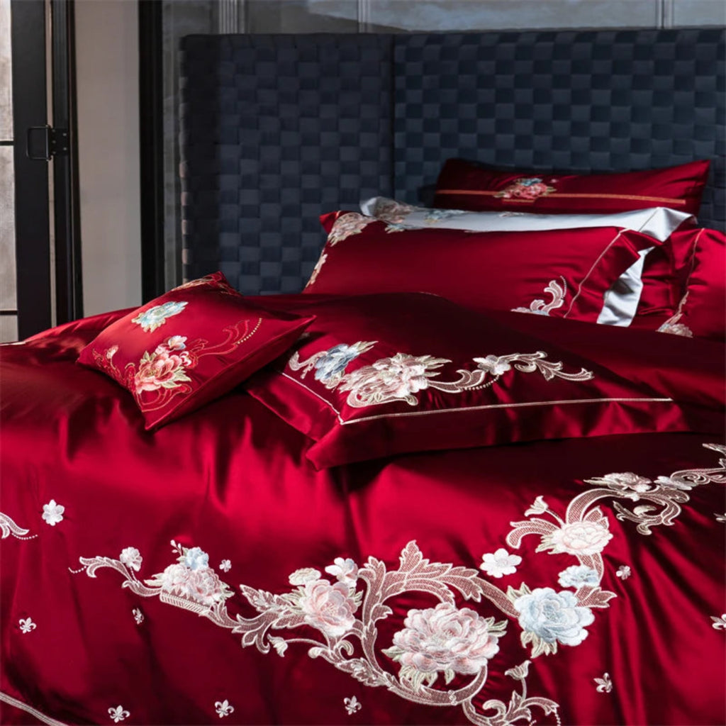 Elegant red floral embroidered comforter cover set - premium cotton satin bedding for romantic bedrooms