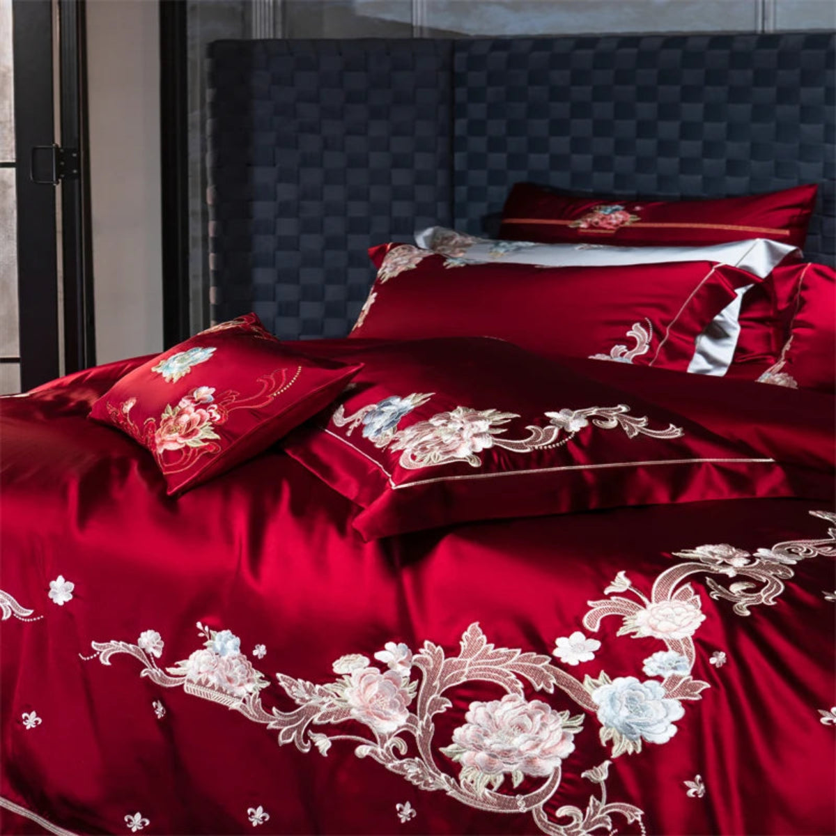 Elegant red floral embroidered comforter cover set - premium cotton satin bedding for romantic bedrooms
