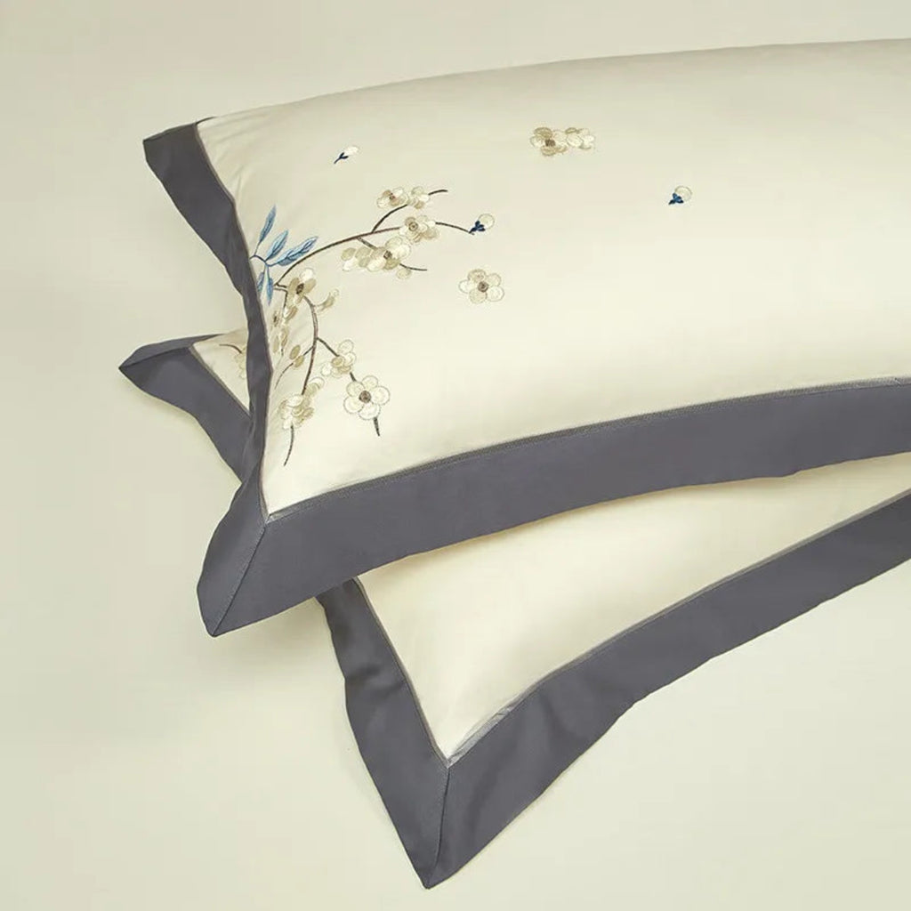 Elegant floral leaf embroidered duvet set in grey & ivory – luxury cotton bedding for chic bedrooms