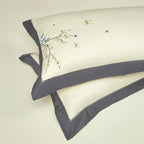 Elegant floral leaf embroidered duvet set in grey & ivory – luxury cotton bedding for chic bedrooms