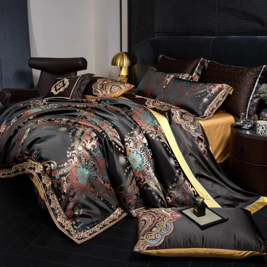 Luxury Egyptian cotton black bedding with bohemian paisley patterns for designer interiors
