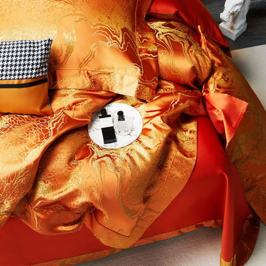 Gold-thread jacquard close-up, shimmer under warm light, textile craftsmanship — LINKORI The Royal Orange