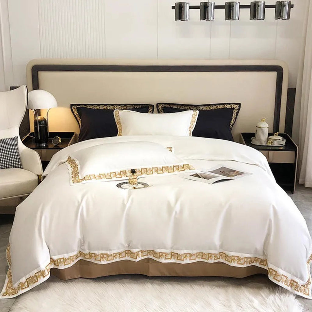 Luxury white & gold embroidered bedding in Egyptian cotton – modern glam bedroom bedding by LINKORI Whitelavel.