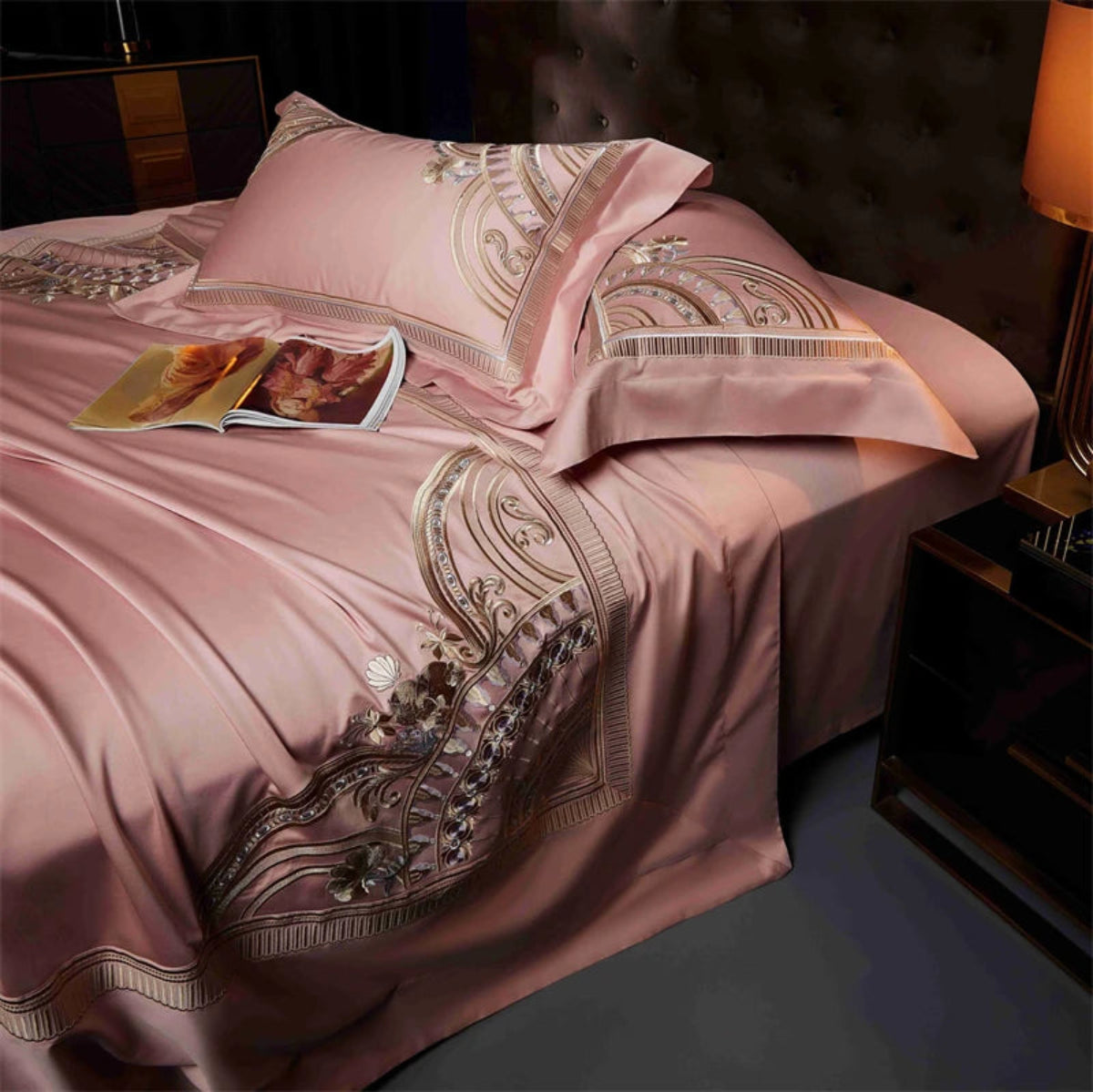 High-thread-count pink cotton bedding with geometric embroidery design - luxury hotel style duvet set