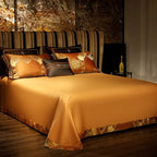 Designer baroque medallion duvet covers luxury ornate cognac orange satin jacquard Egyptian cotton bedding set