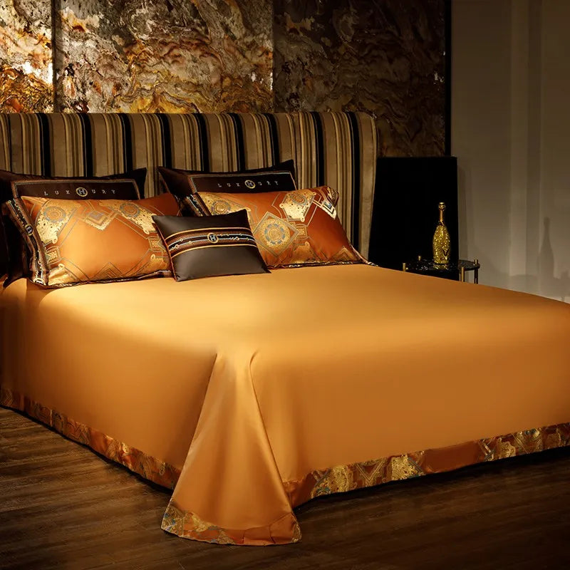 Designer baroque medallion duvet covers luxury ornate cognac orange satin jacquard Egyptian cotton bedding set