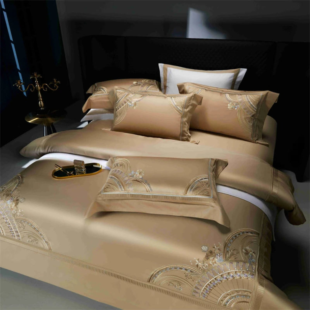 Premium gold satin cotton duvet cover with ornate geometric embroidery for upscale bedroom makeover