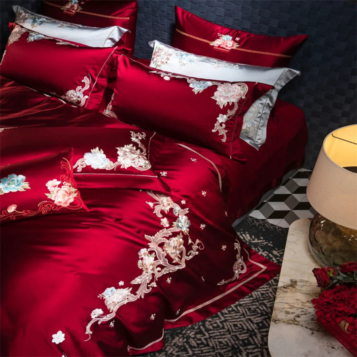 Upscale red floral embroidered bedding collection - 100% cotton satin duvet cover for elegant interiors