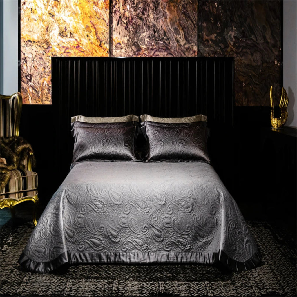 Deep grey satin bedding with jacquard paisley embroidery details, luxury Egyptian cotton duvet cover and shams