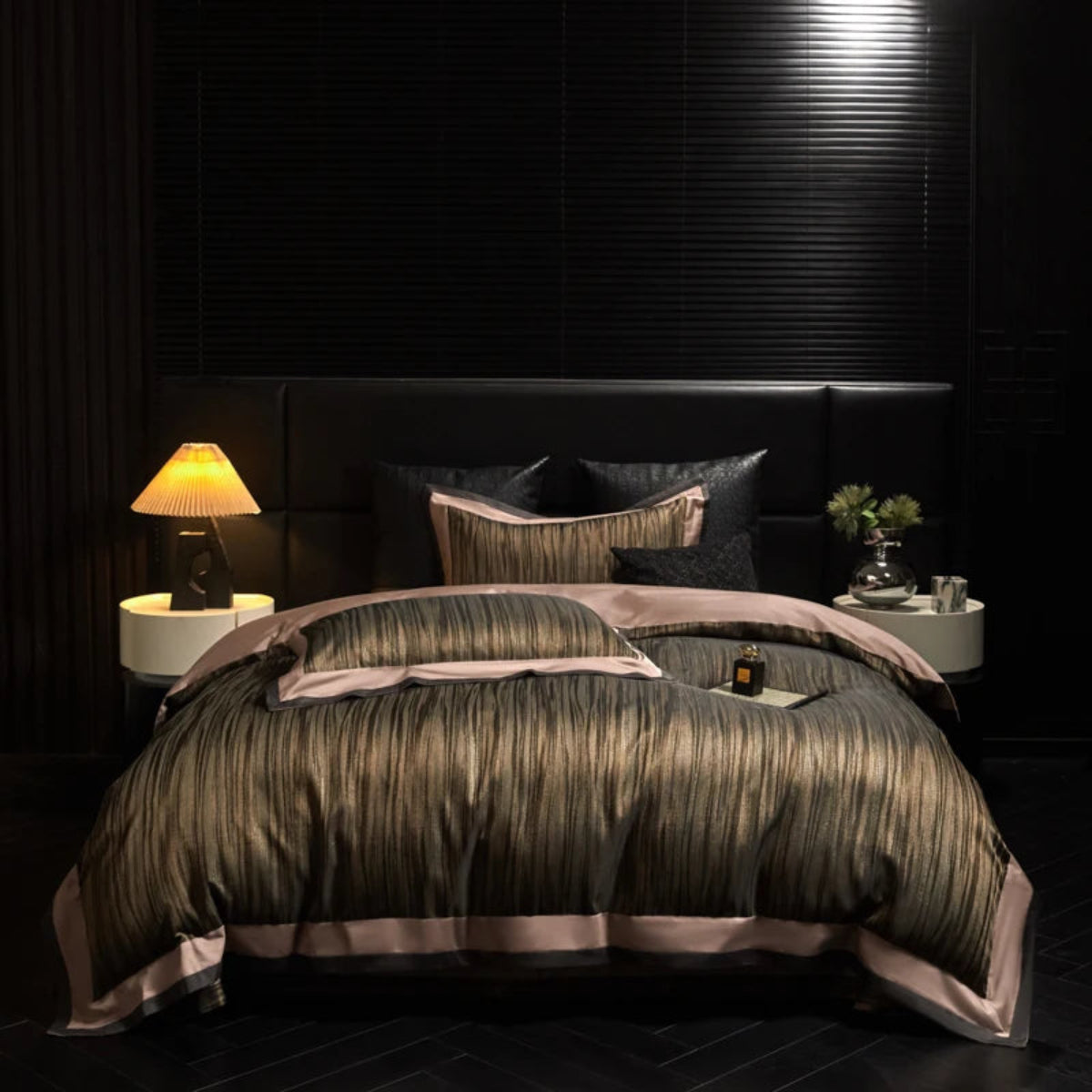 Brown & gold shimmer satin bedding set with striped design for modern glam bedroom décor