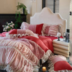 Princess red ruffle-lace bedding | floral lace overlay | pleated ruffles | 4-piece set: duvet cover, bed skirt, 2 pillowcases | luxury romantic bedroom décor | LINKORI Rubylace Red