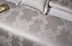 Designer damask jacquard duvet cover in platinum silver grey cotton satin with European luxury bedroom design