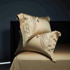 High-end gold embroidered duvet set featuring Art Deco geometric design on premium cotton fabric