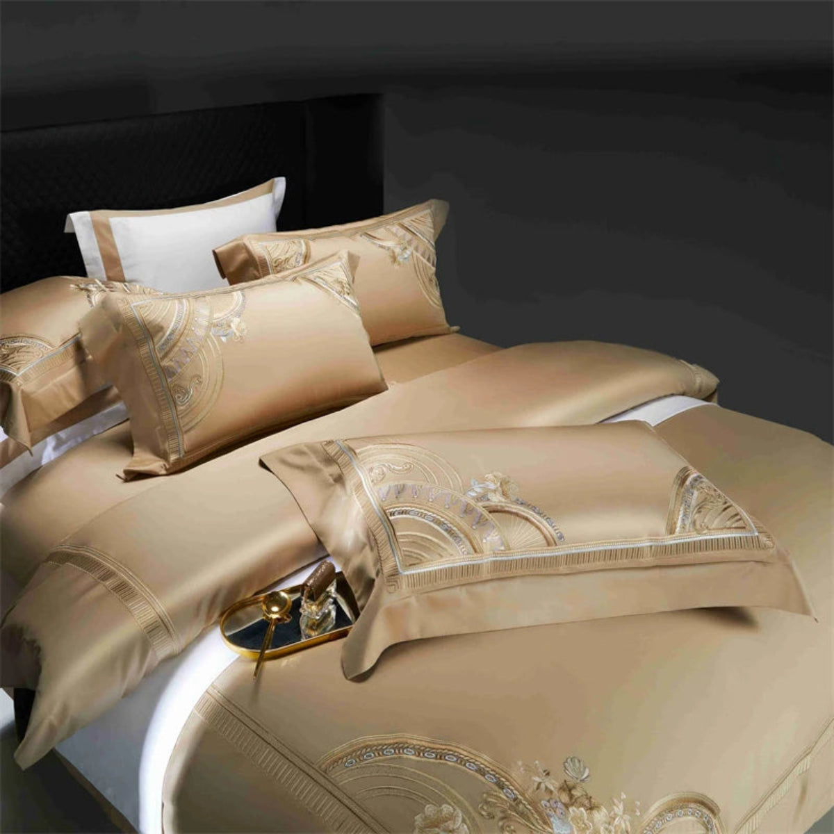 Elegant gold embroidered geometric bedding set - luxury 100% cotton hotel style duvet collection queen king
