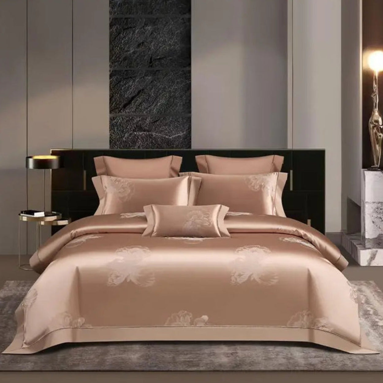 Rose gold floral satin duvet cover set with 1000TC Egyptian cotton and delicate botanical jacquard patterns